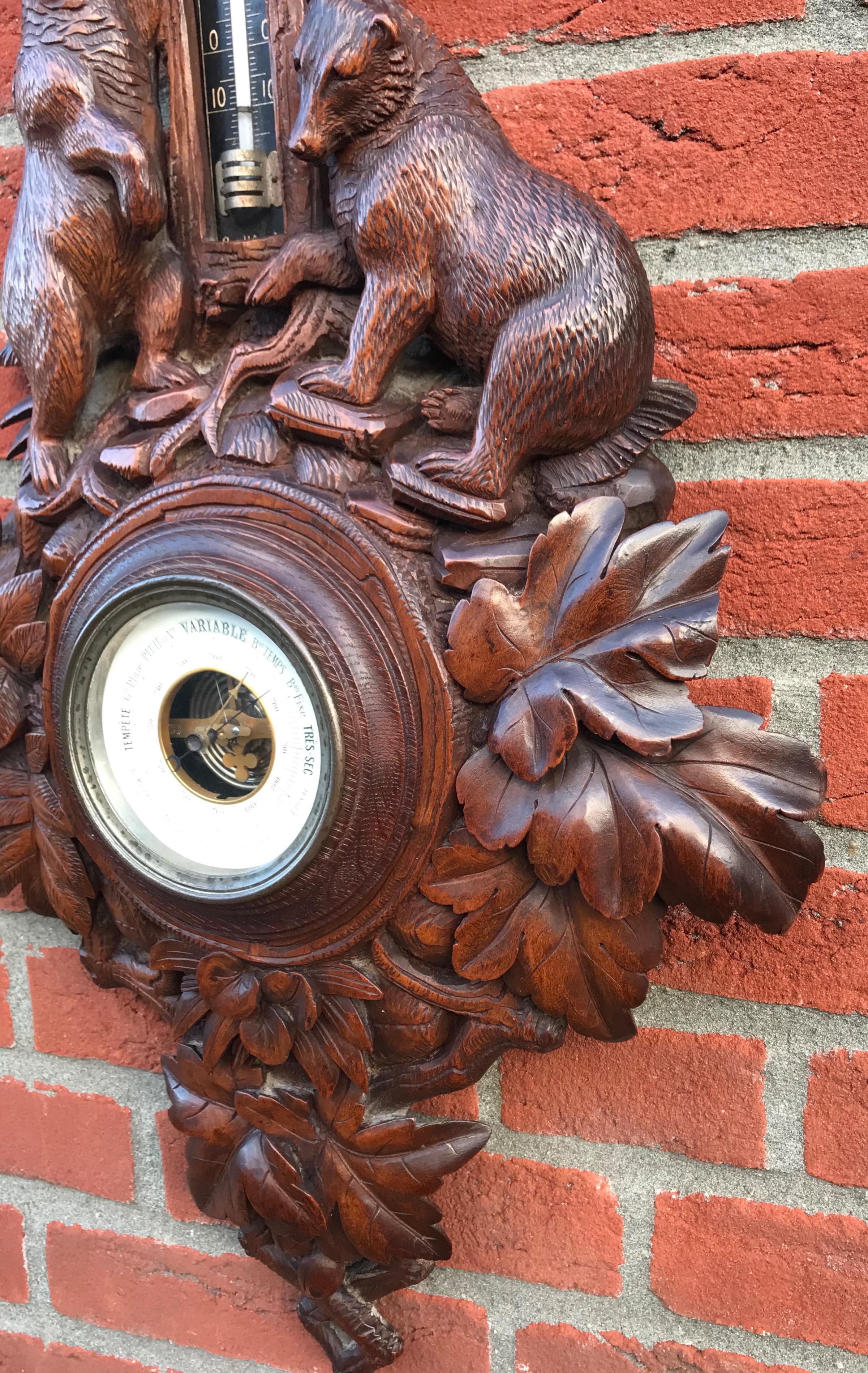 Wood Masterly Carved Black Forest Wall Barometer with Tree Climbing Bear Family