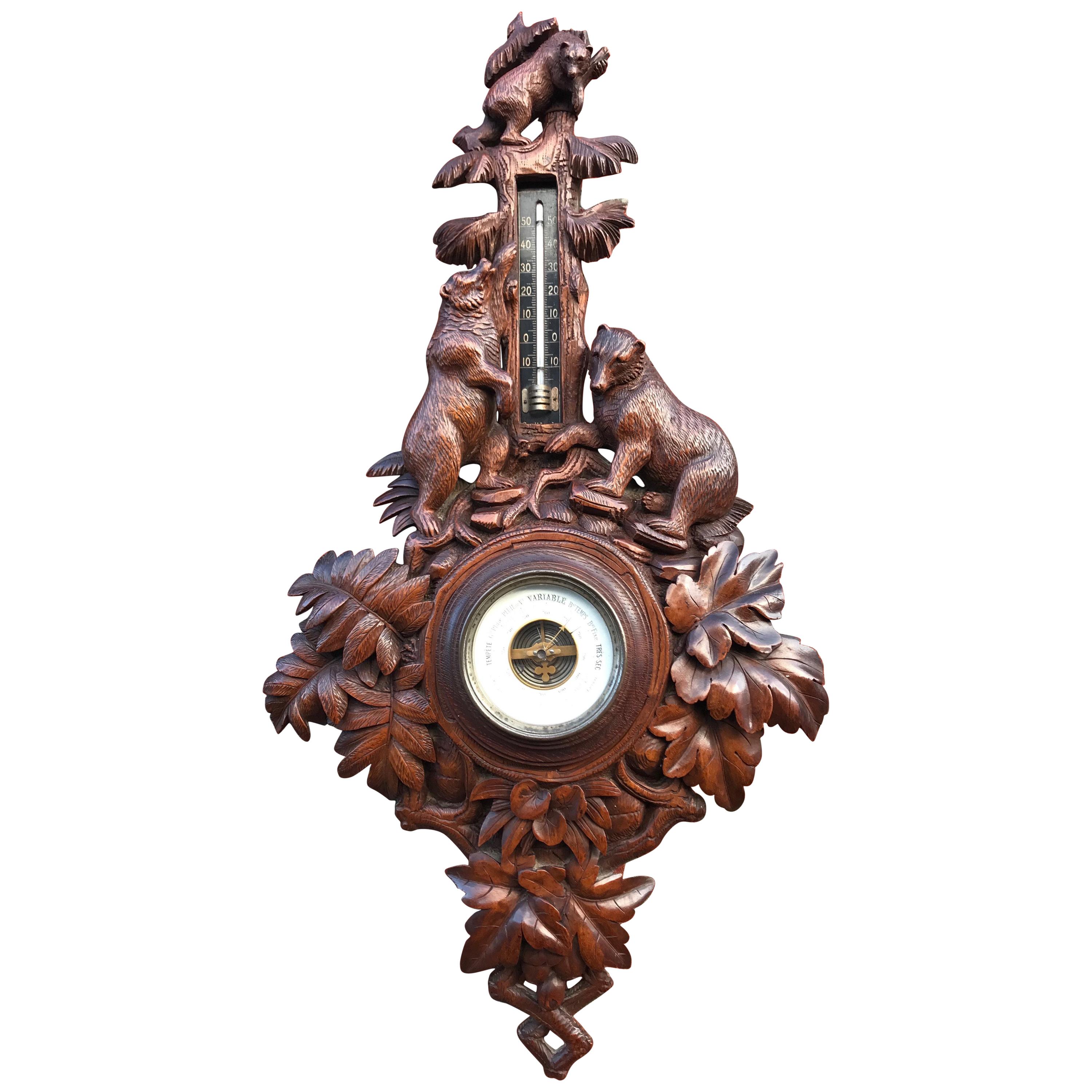 Masterly Carved Black Forest Wall Barometer with Tree Climbing Bear Family