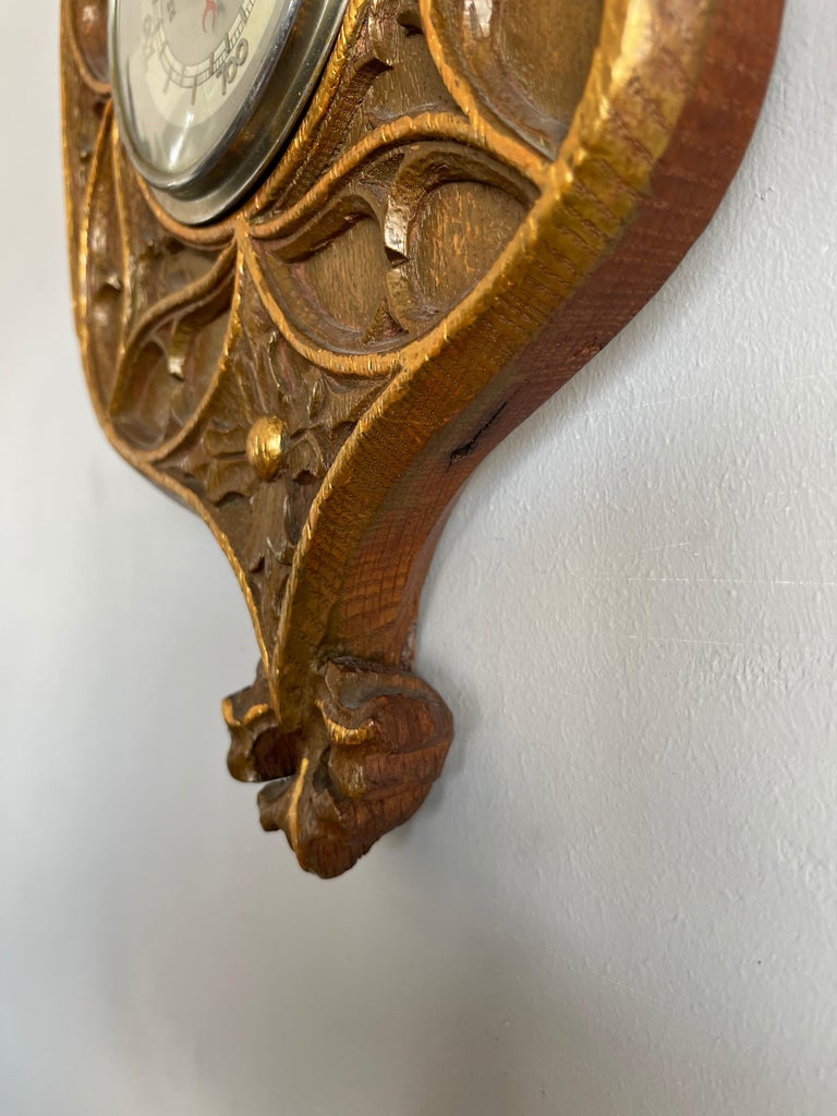 Masterly Carved Gothic Revival Oak Wall Barometer and Thermometer ...