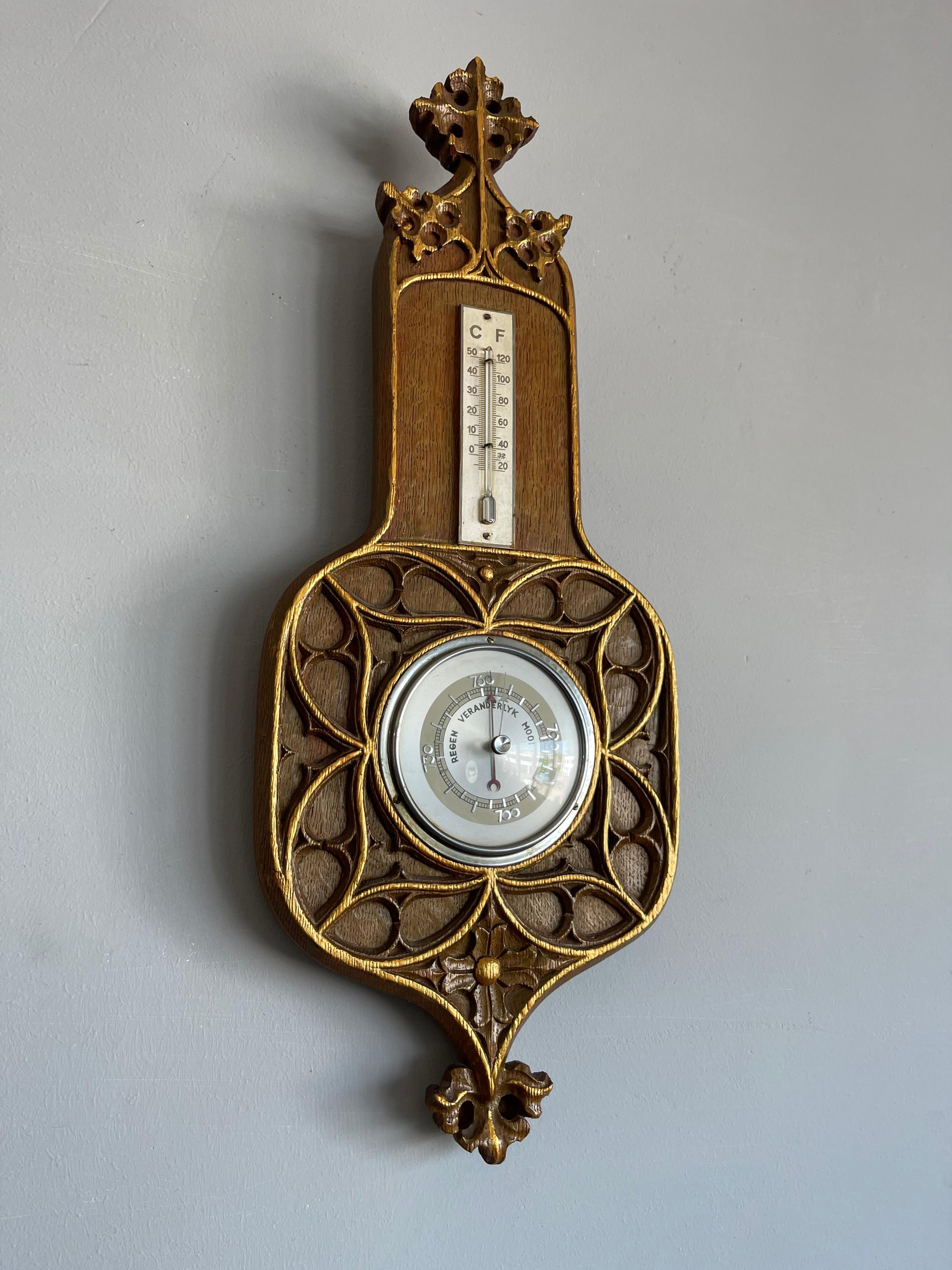 Masterly Carved Gothic Revival Oak Wall Barometer & Thermometer/ Weather Station For Sale 1