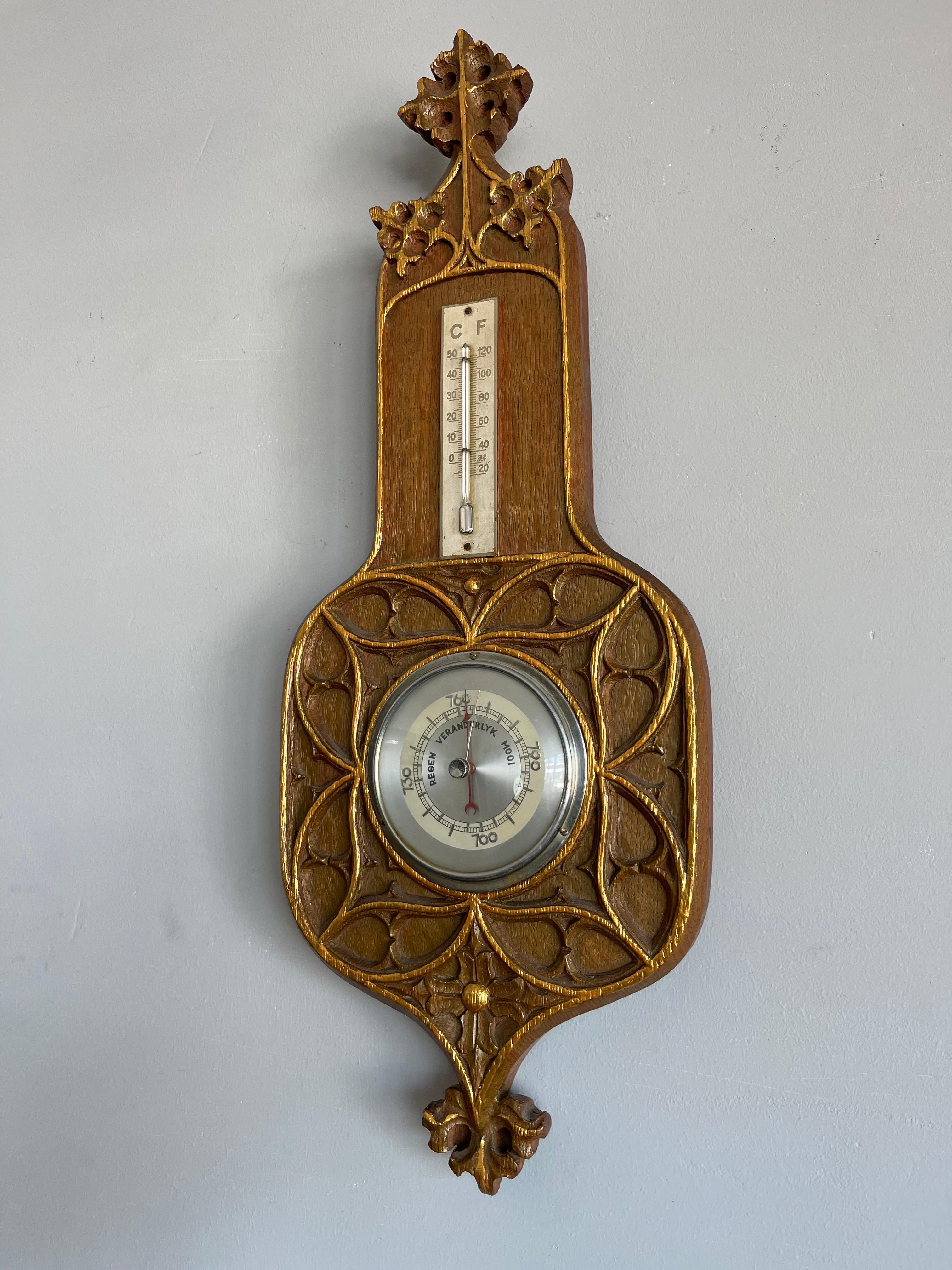 Masterly Carved Gothic Revival Oak Wall Barometer & Thermometer/ Weather Station For Sale 2