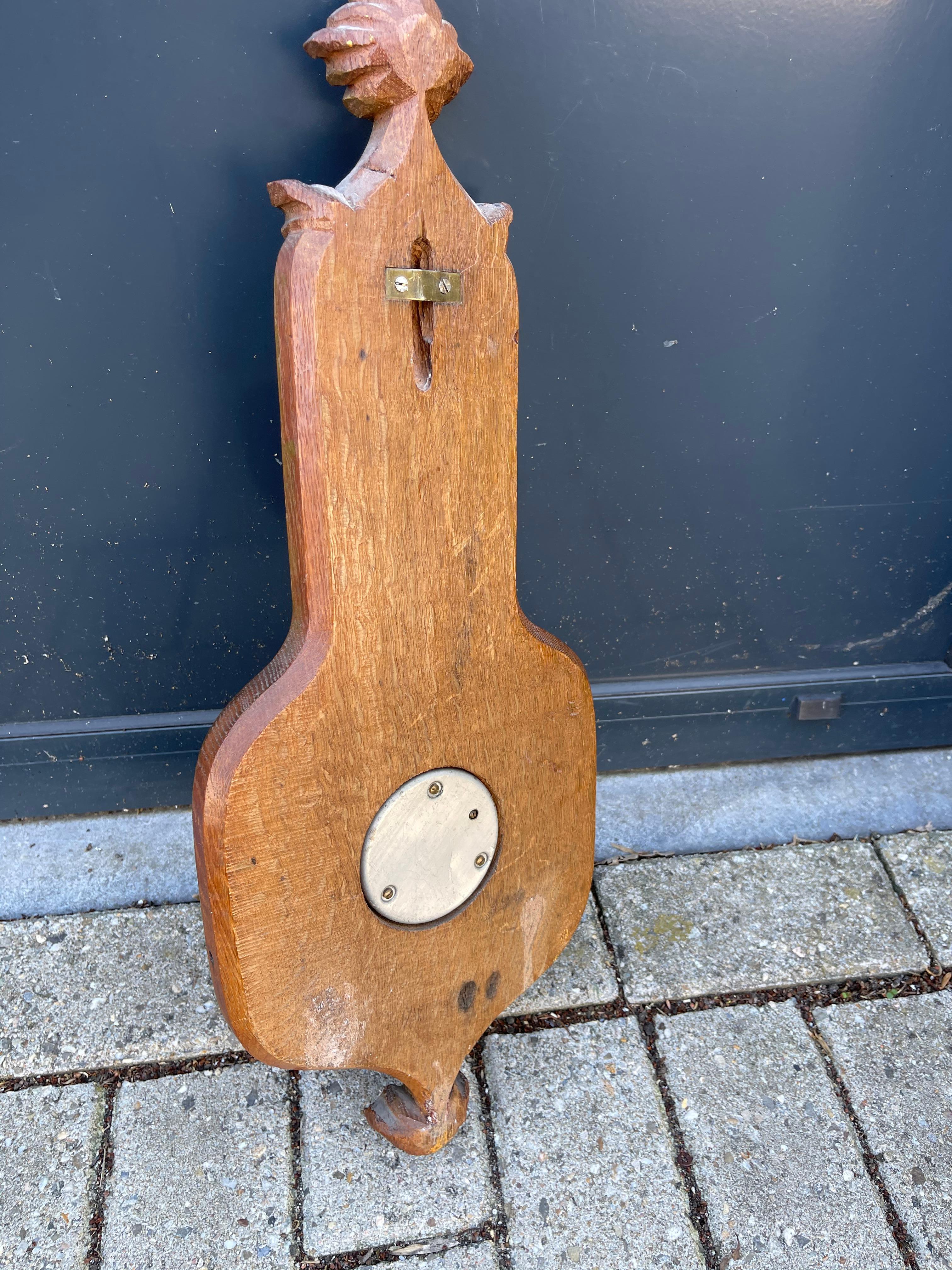 Masterly Carved Gothic Revival Oak Wall Barometer & Thermometer/ Weather Station 4