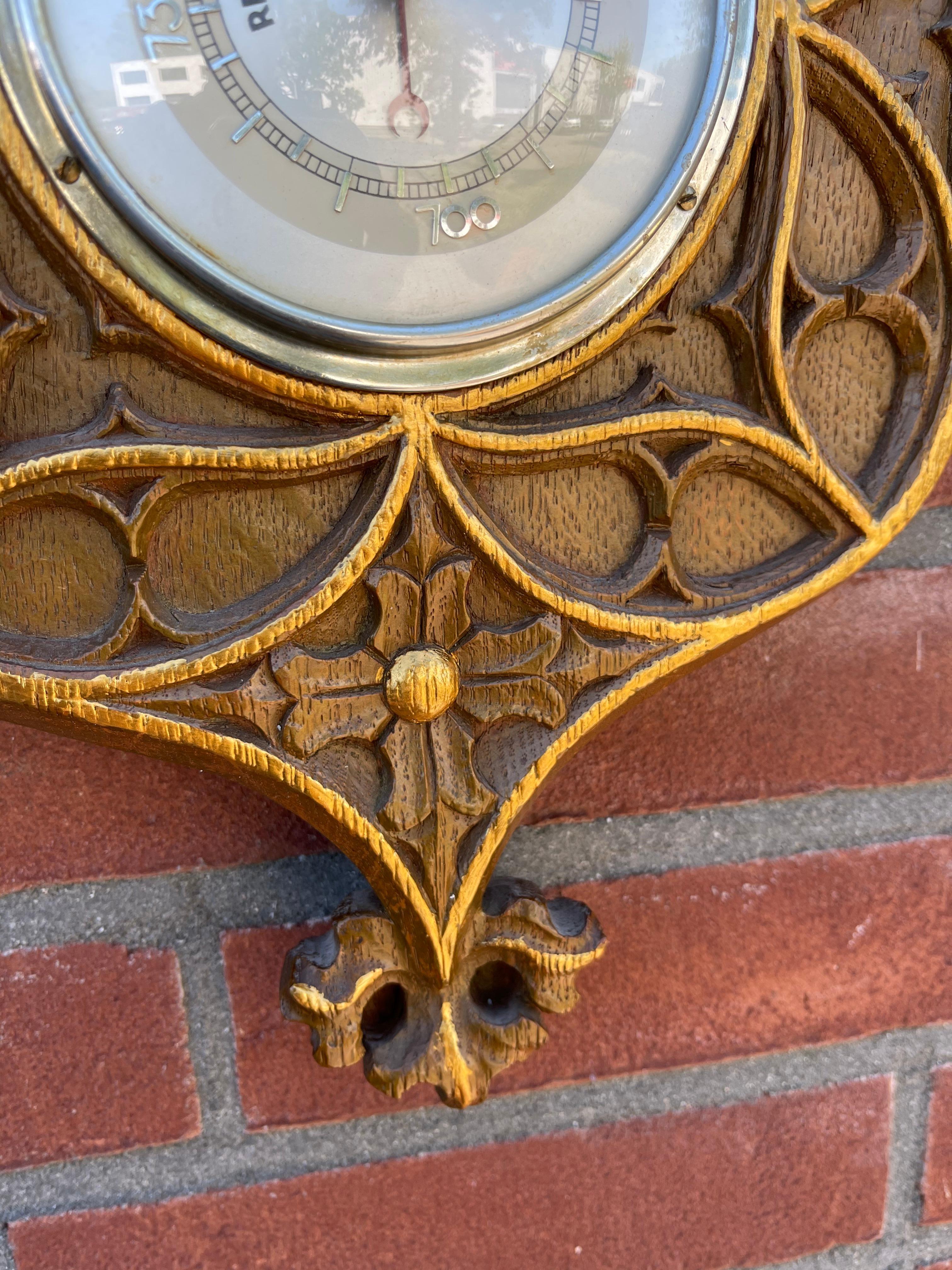 Masterly Carved Gothic Revival Oak Wall Barometer & Thermometer/ Weather Station For Sale 6