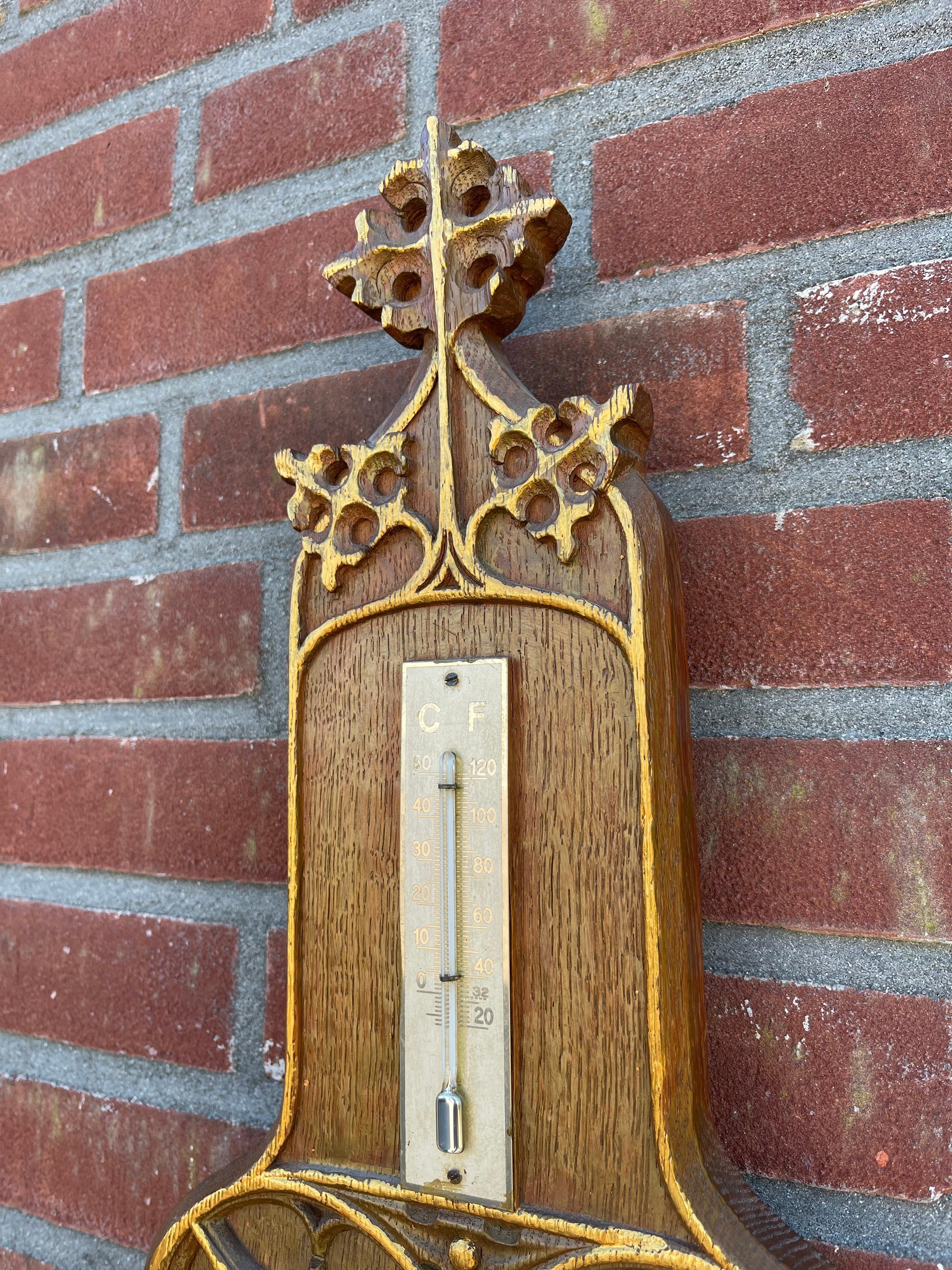 Masterly Carved Gothic Revival Oak Wall Barometer & Thermometer/ Weather Station For Sale 8