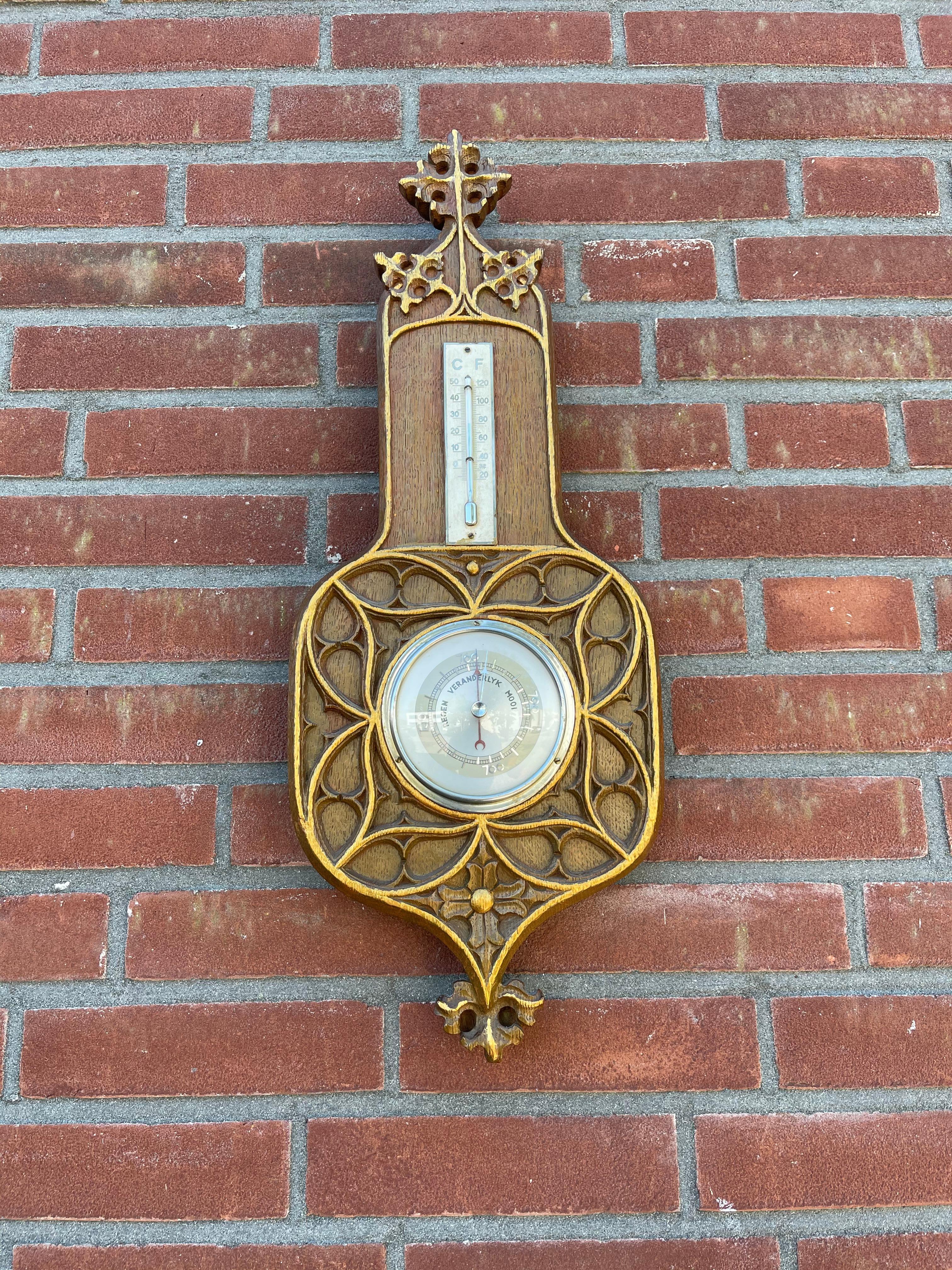 Masterly Carved Gothic Revival Oak Wall Barometer & Thermometer/ Weather Station 9