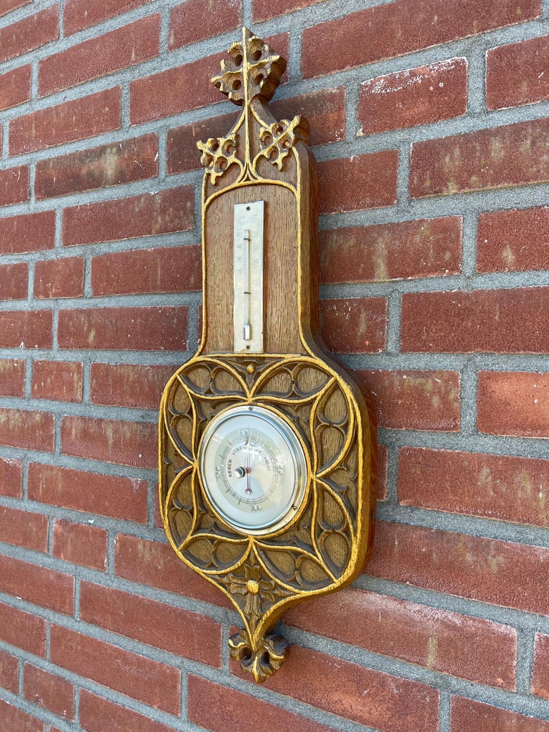 Masterly Carved Gothic Revival Oak Wall Barometer and Thermometer