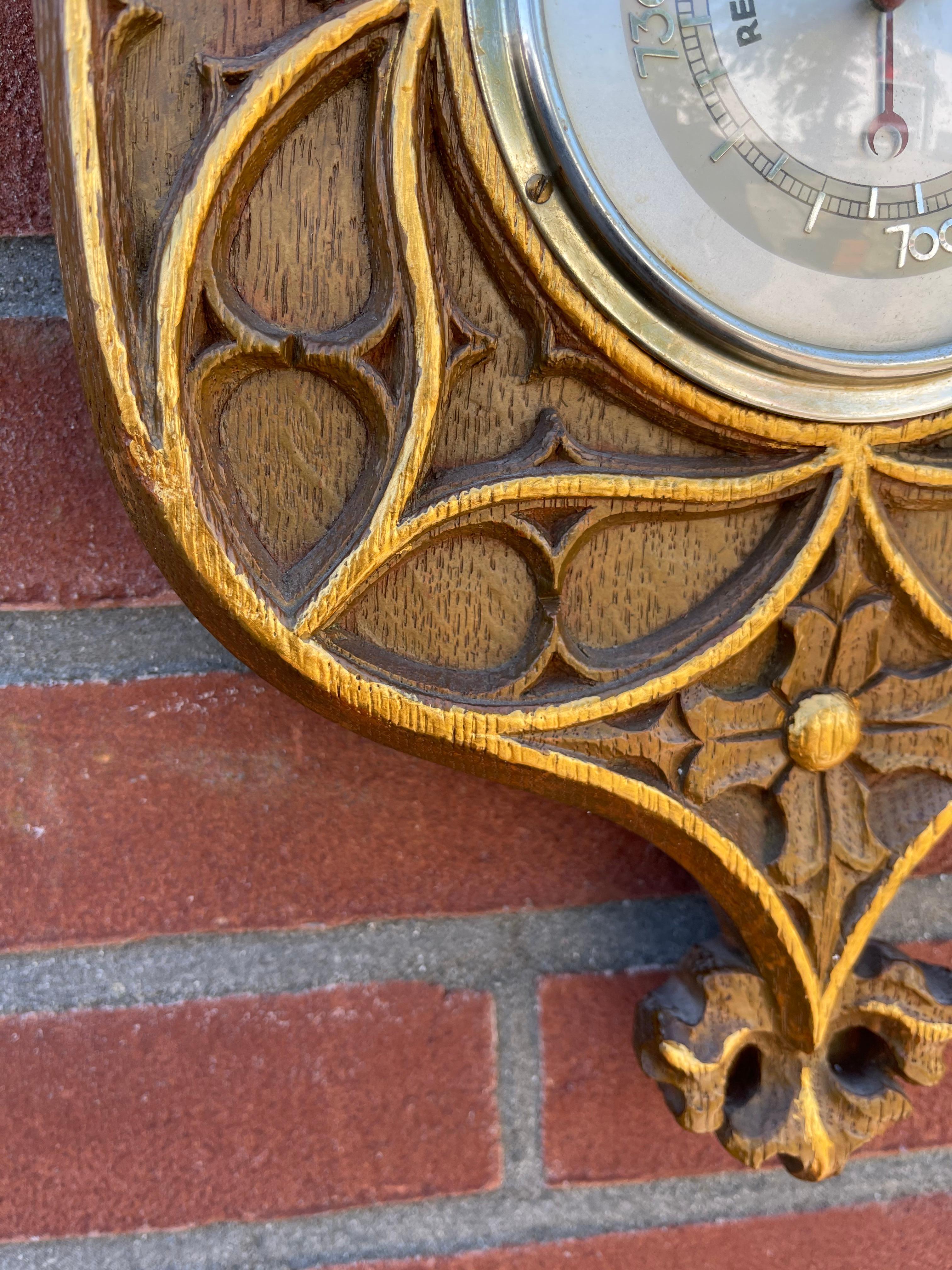 Dutch Masterly Carved Gothic Revival Oak Wall Barometer & Thermometer/ Weather Station