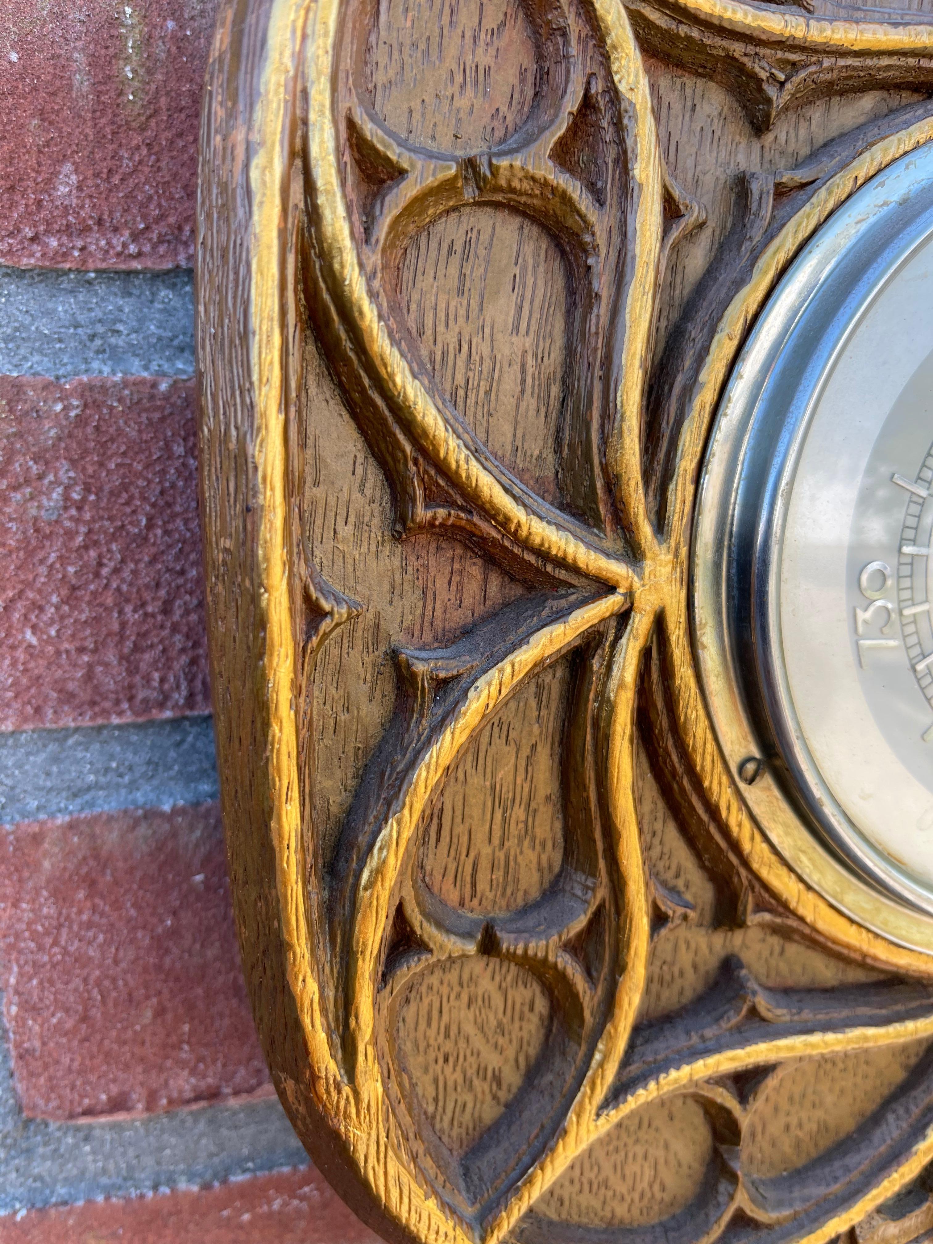 Gilt Masterly Carved Gothic Revival Oak Wall Barometer & Thermometer/ Weather Station For Sale