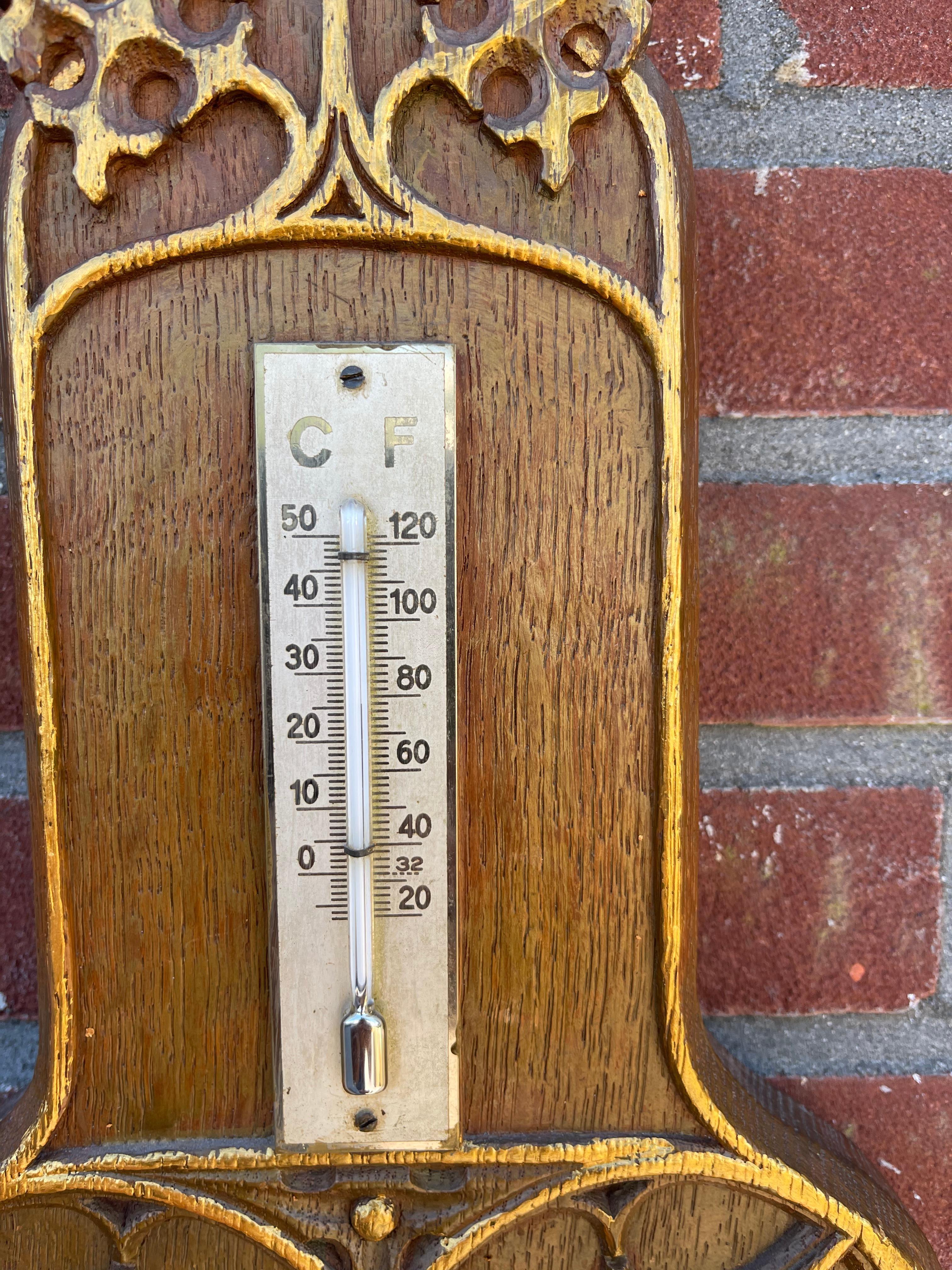 Masterly Carved Gothic Revival Oak Wall Barometer & Thermometer/ Weather Station In Good Condition For Sale In Lisse, NL