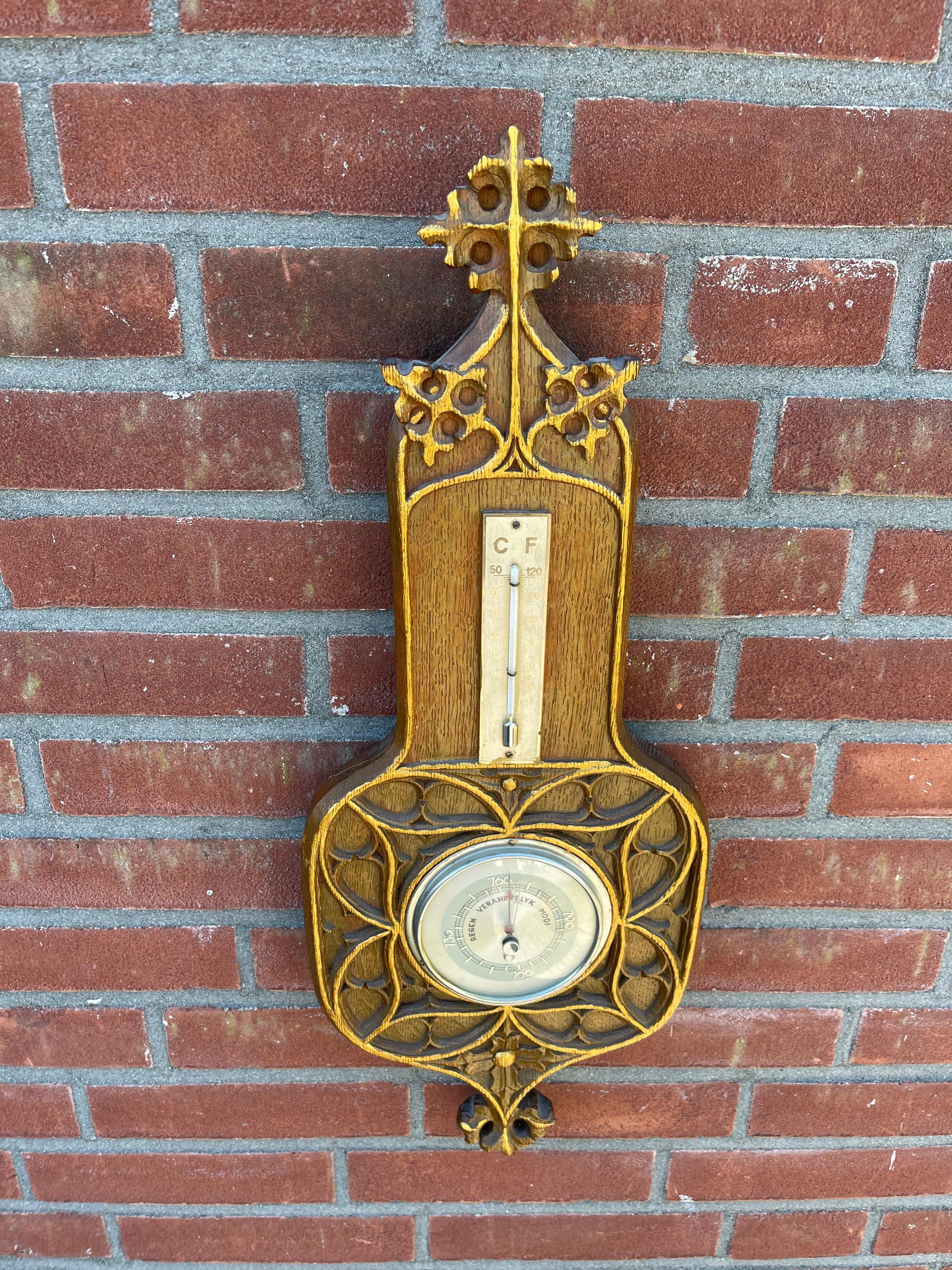 20th Century Masterly Carved Gothic Revival Oak Wall Barometer & Thermometer/ Weather Station For Sale