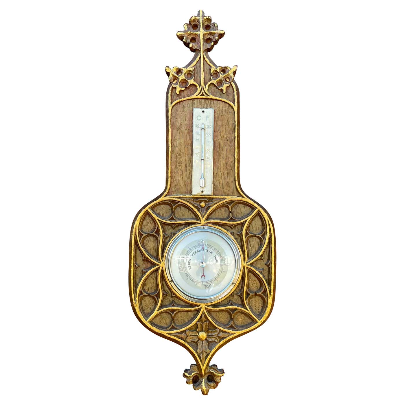 Masterly Carved Gothic Revival Oak Wall Barometer and Thermometer ...