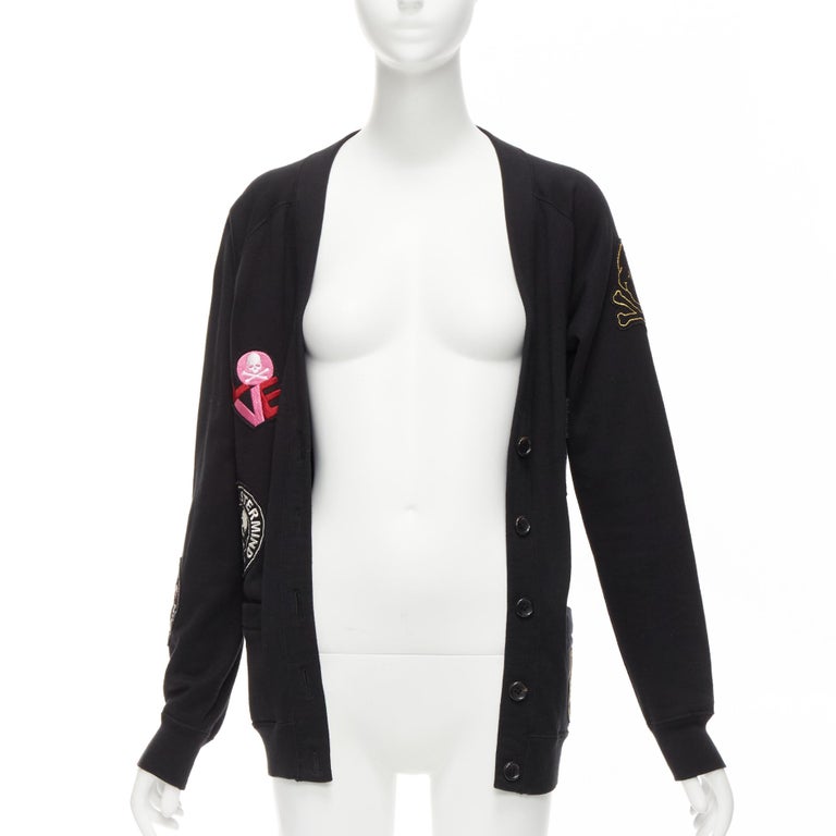 MASTERMIND JAPAN black cotton varsity skull logo patch cardigan 