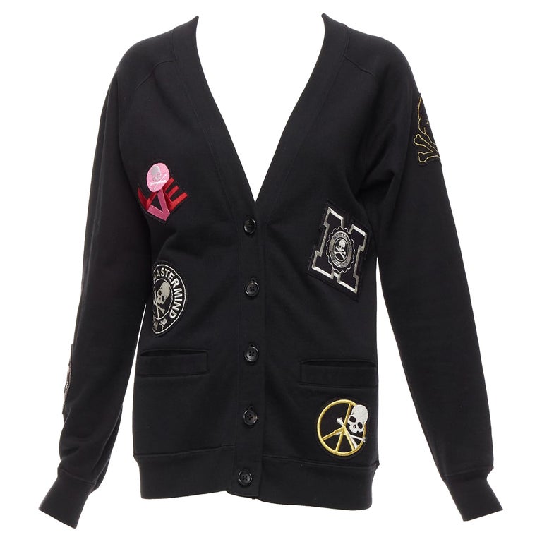 MASTERMIND JAPAN black cotton varsity skull logo patch cardigan 