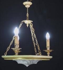 Masterpiece Art Deco design white alabaster chandelier circular wooden frame