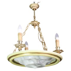 Masterpiece Art Deco design white alabaster chandelier circular wooden frame