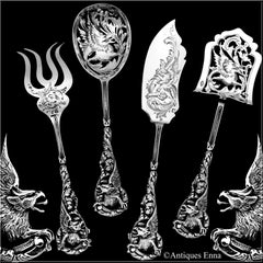 Masterpiece Boivin French Sterling Silver Dessert Set 4 Pc, Original Box, Dragon