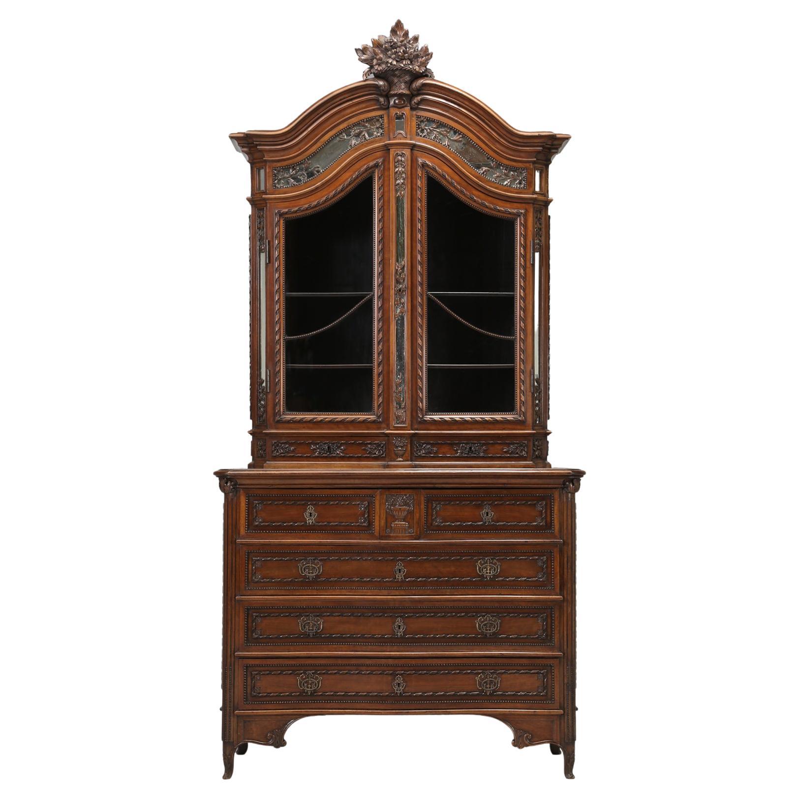 Masterpiece, French Hand-Carved Walnut China Cabinet of Unbelievable Quality For Sale