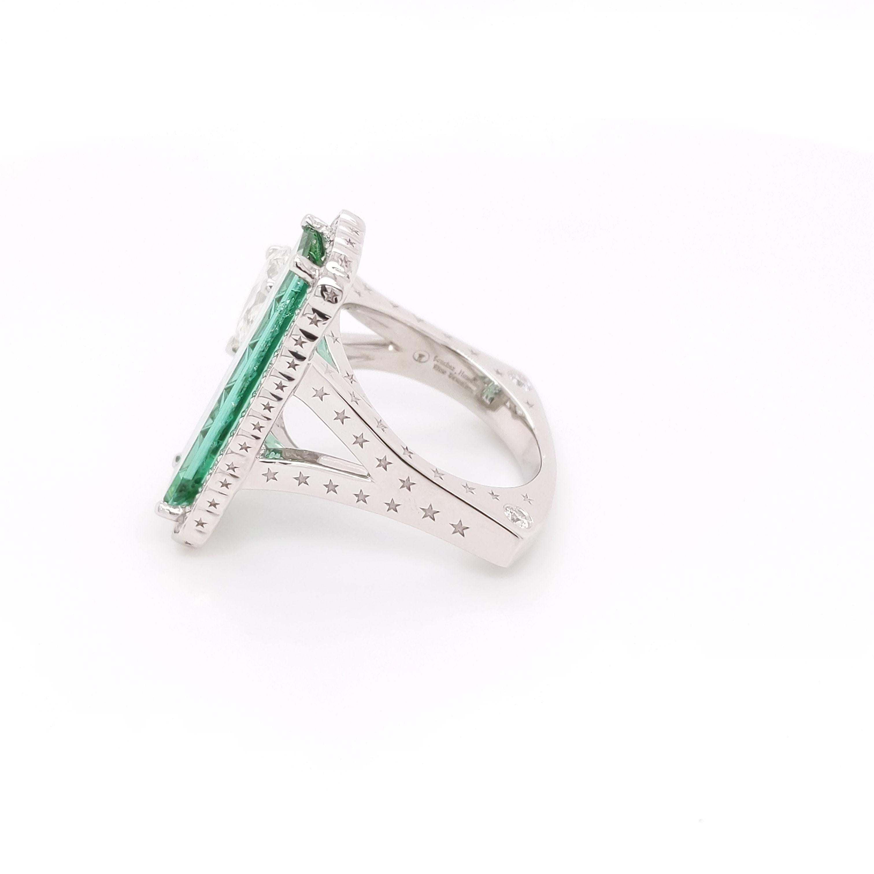 Emerald Cut Masterpiece Mint Maine Tourmaline with Diamond in Platinum For Sale