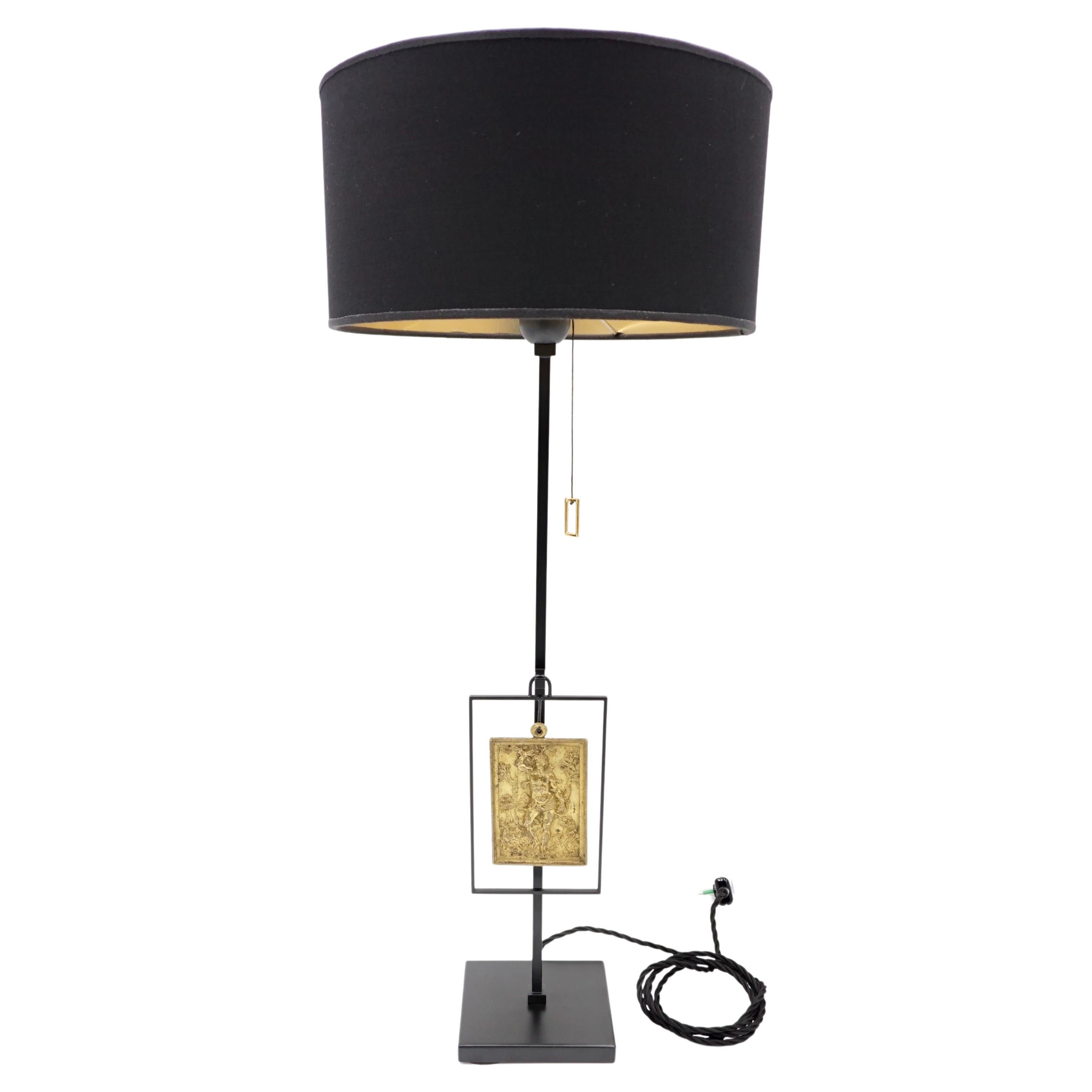 "Masterpieces of Light" Brass Table Lamp with S. Sebastiano Bronze Plaque XVII° For Sale