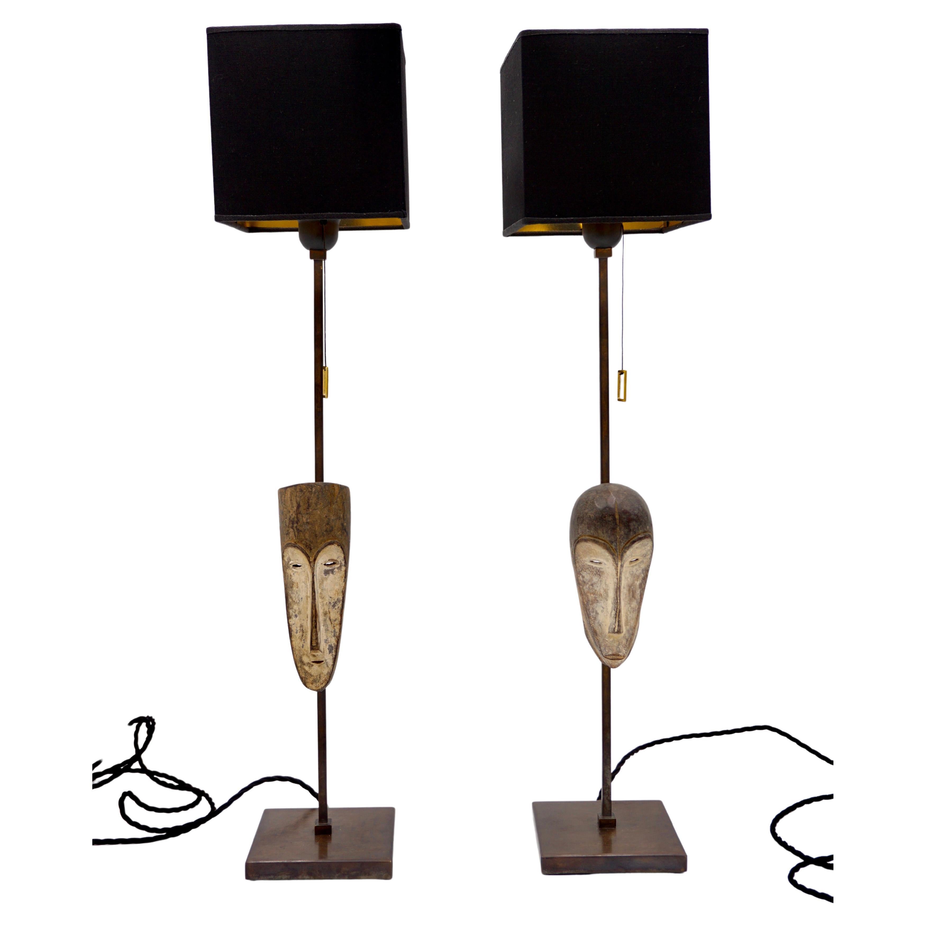"Masterpieces of Light" Pair of Cubist Table Lamps with Fang Ngil Masks, 1910 For Sale