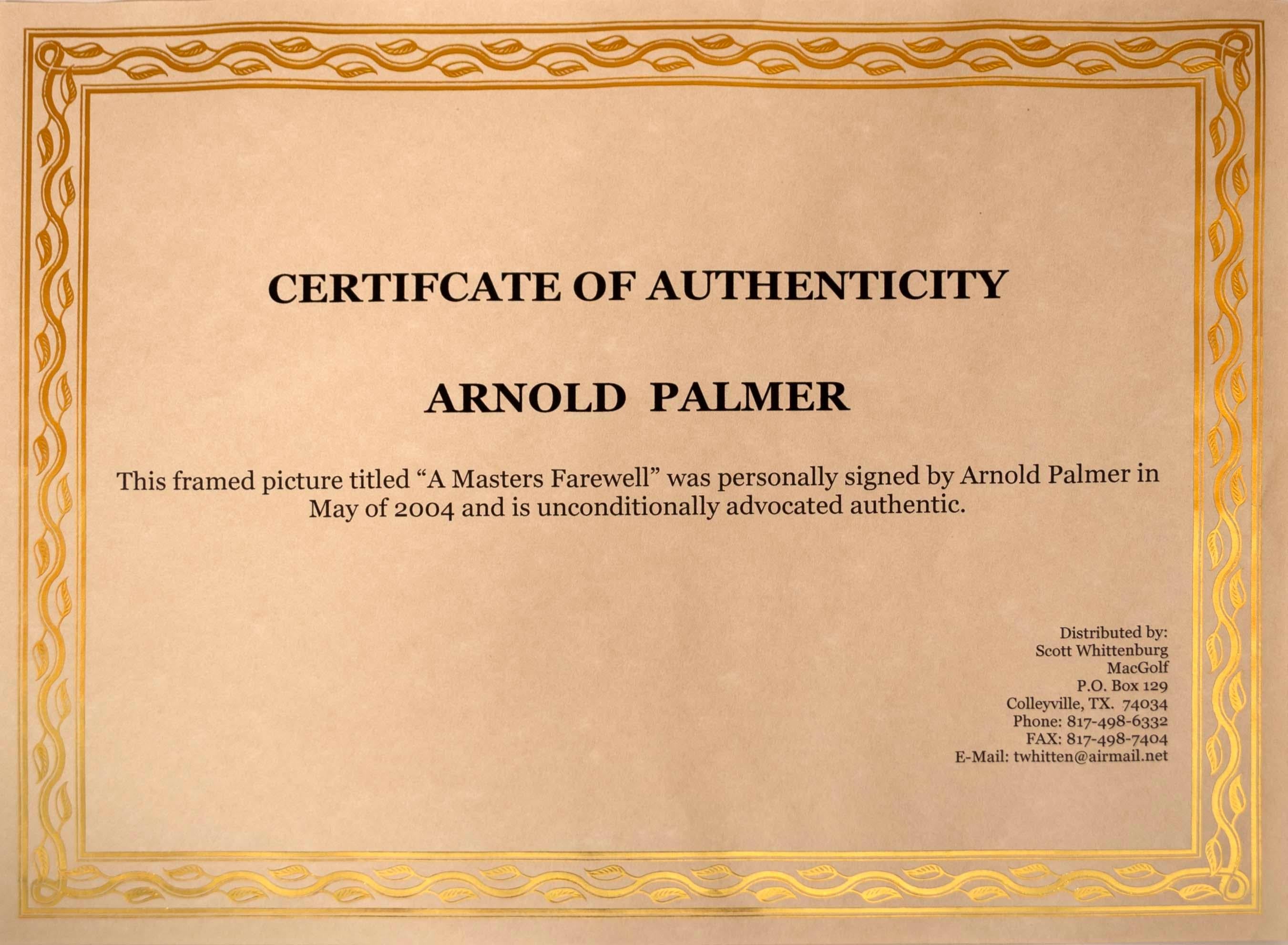 Photographie, drapeau et épingle signées Arnold Palmer, Masters 2004 dans un cadre pour souvenirs en vente 6