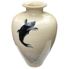  Japanese Antique "Triple Koi & Waves" Blue Vase 