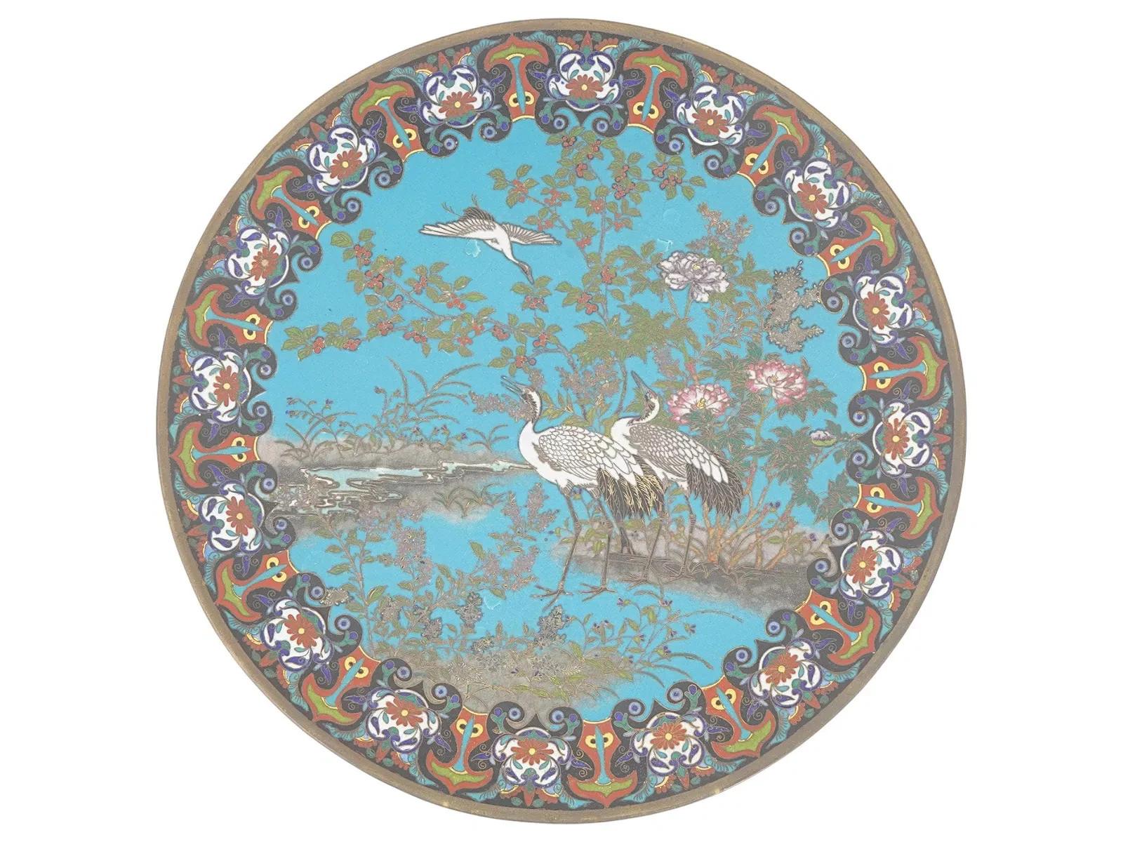Cloisonné Masterwork Pair of Meiji Japanese Cloisonne Enamel Plates with Cranes Pheasant en vente
