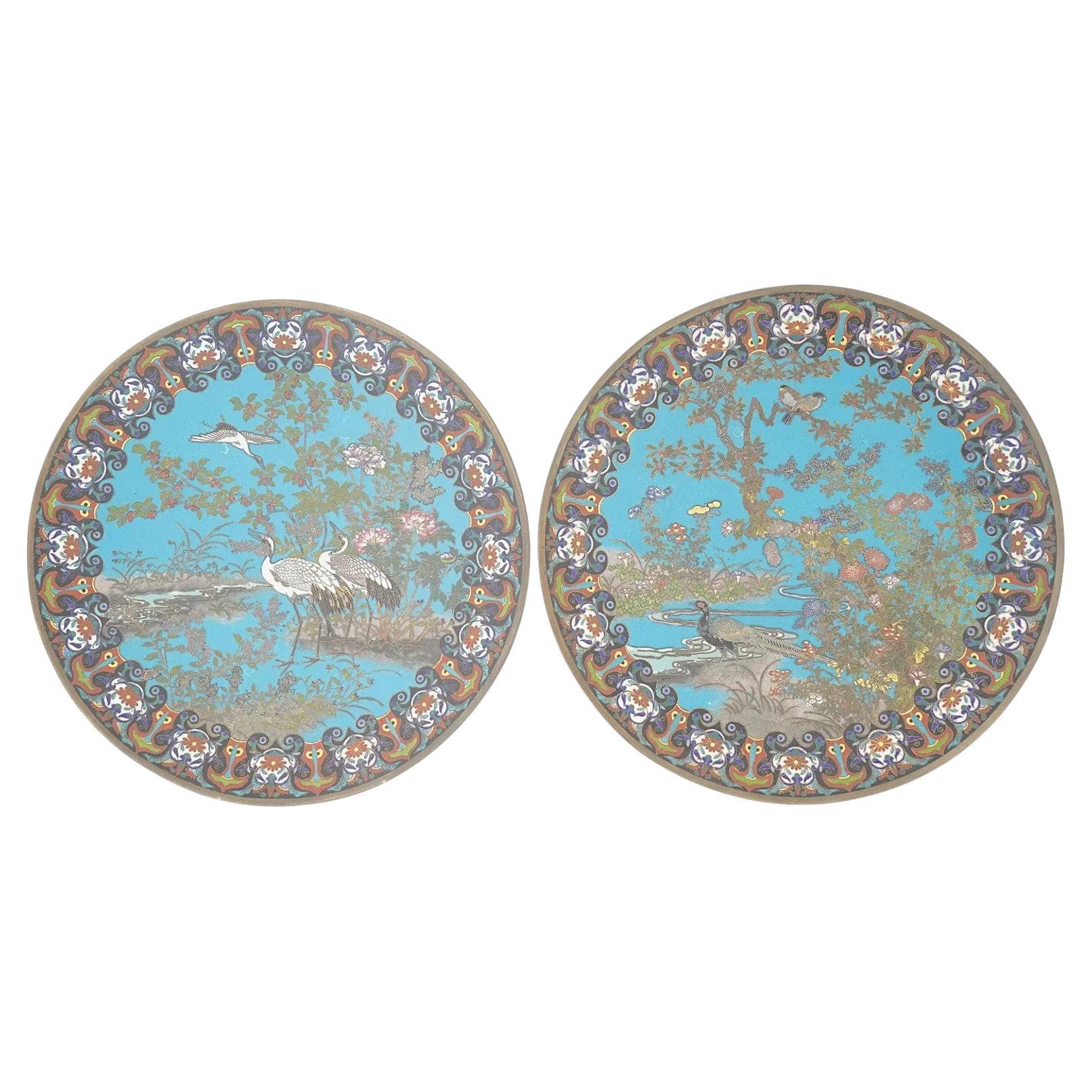 Masterwork Pair of Meiji Japanese Cloisonne Enamel Plates with Cranes Pheasant