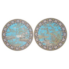 Masterwork Pair of Meiji Japanese Cloisonne Enamel Plates with Cranes Pheasant