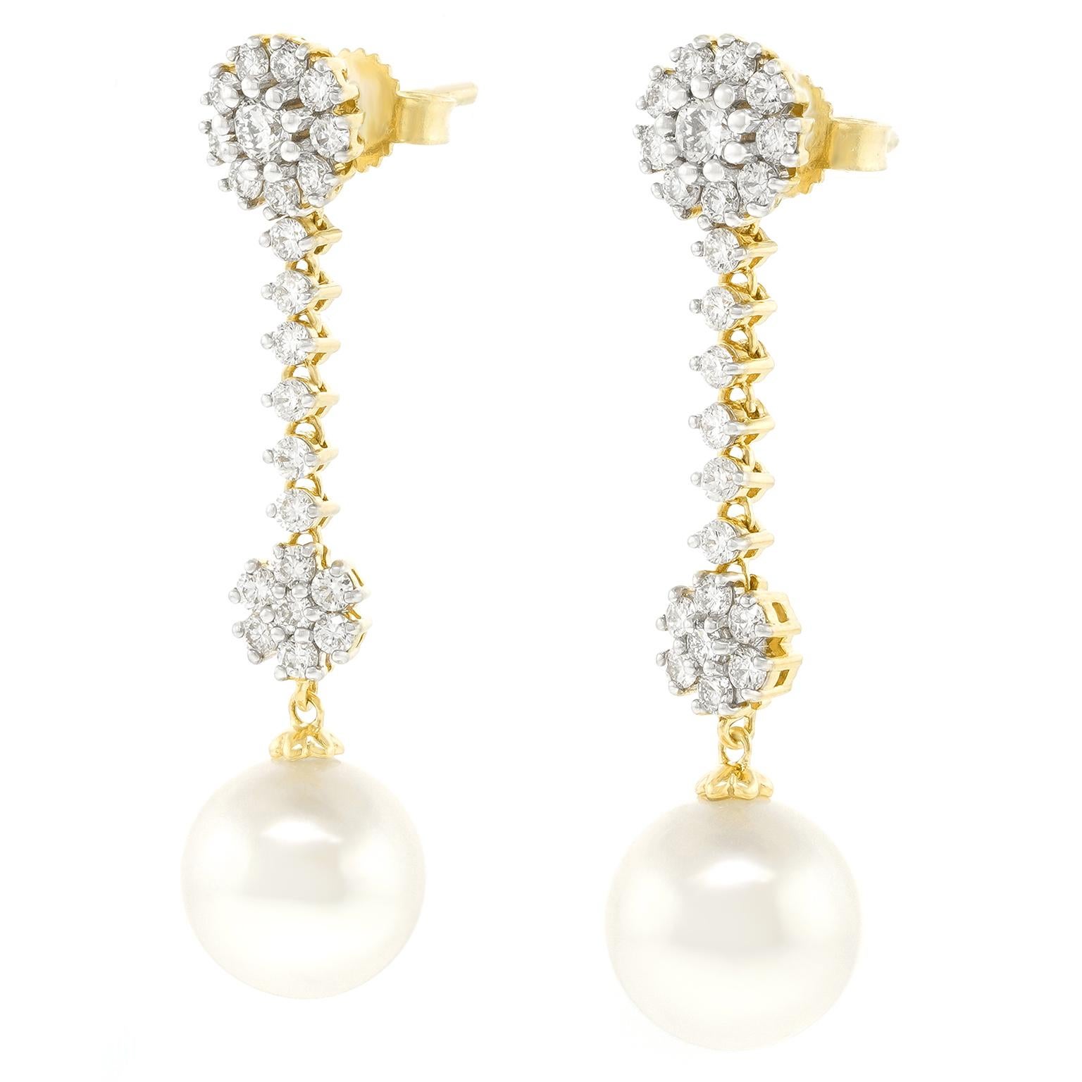 Round Cut Mastoloni Pearl and Diamond Chandelier Earrings For Sale