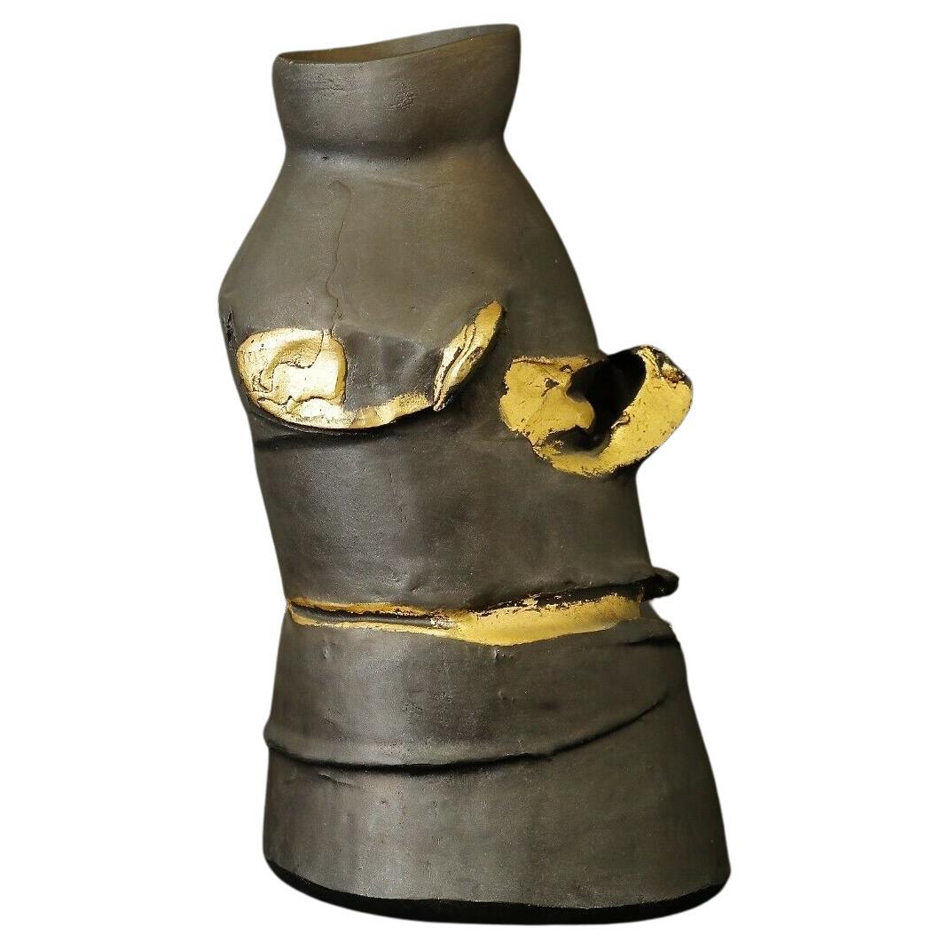 Masuo Ikeda sculptural Bronze vase with gold touches For Sale
