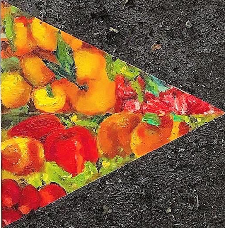 Cendrier : peinture géométrique abstraite en techniques mixtes avec fleurs rouges, fruits et lignes noires - Painting de Mat Tomezsko