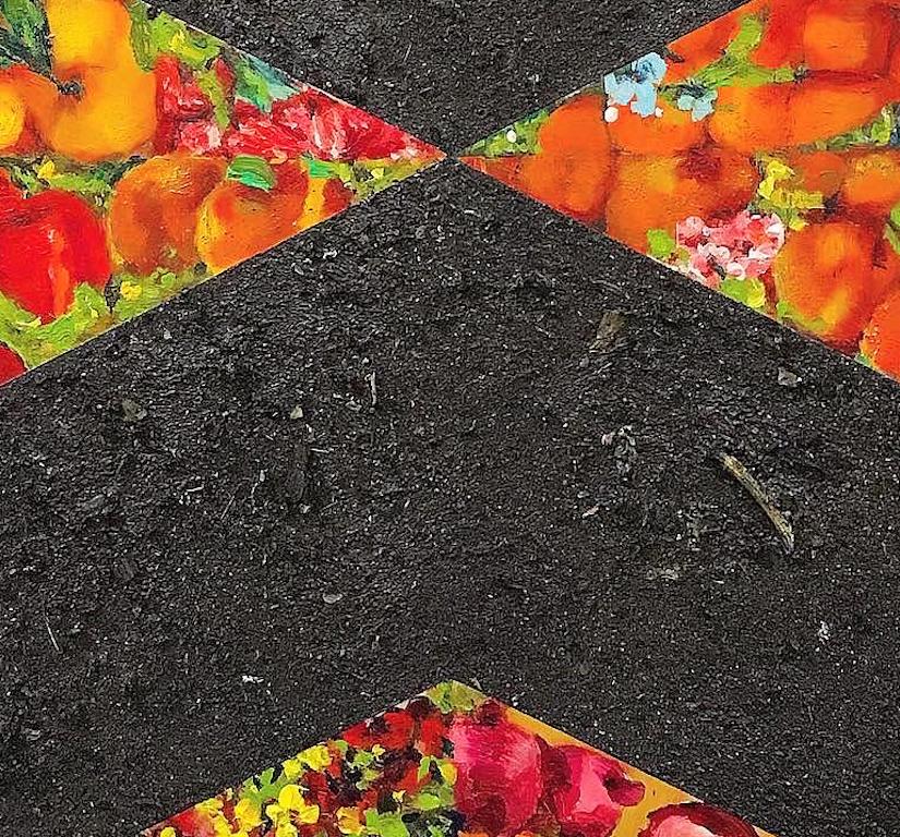 Ash: pittura astratta geometrica a tecnica mista con fiori rossi, frutta e linee nere - Painting Astratto di Mat Tomezsko