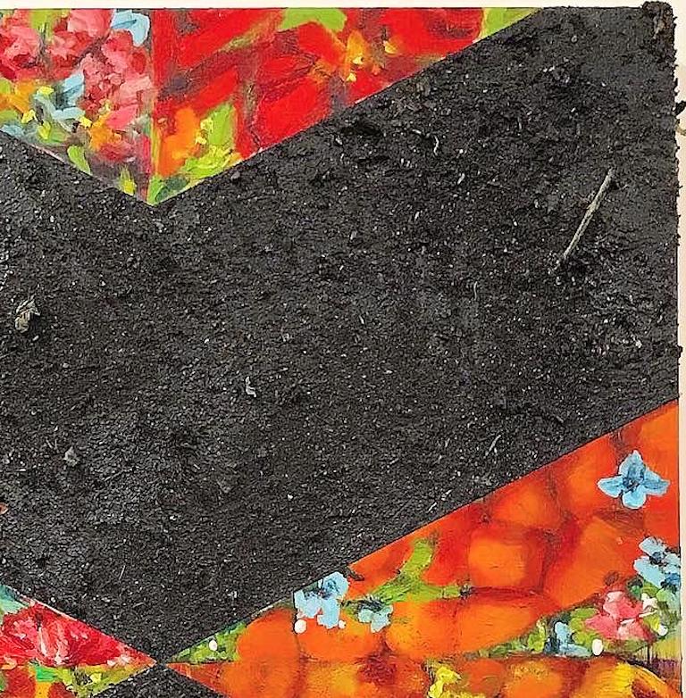 Ash: geometric abstract mixed media painting w/ red flowers, fruit & black lines - Black Abstract Painting by Mat Tomezsko