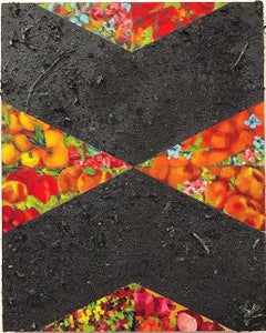 Ash: geometric abstract mixed media painting w/ red flowers, fruit & black lines