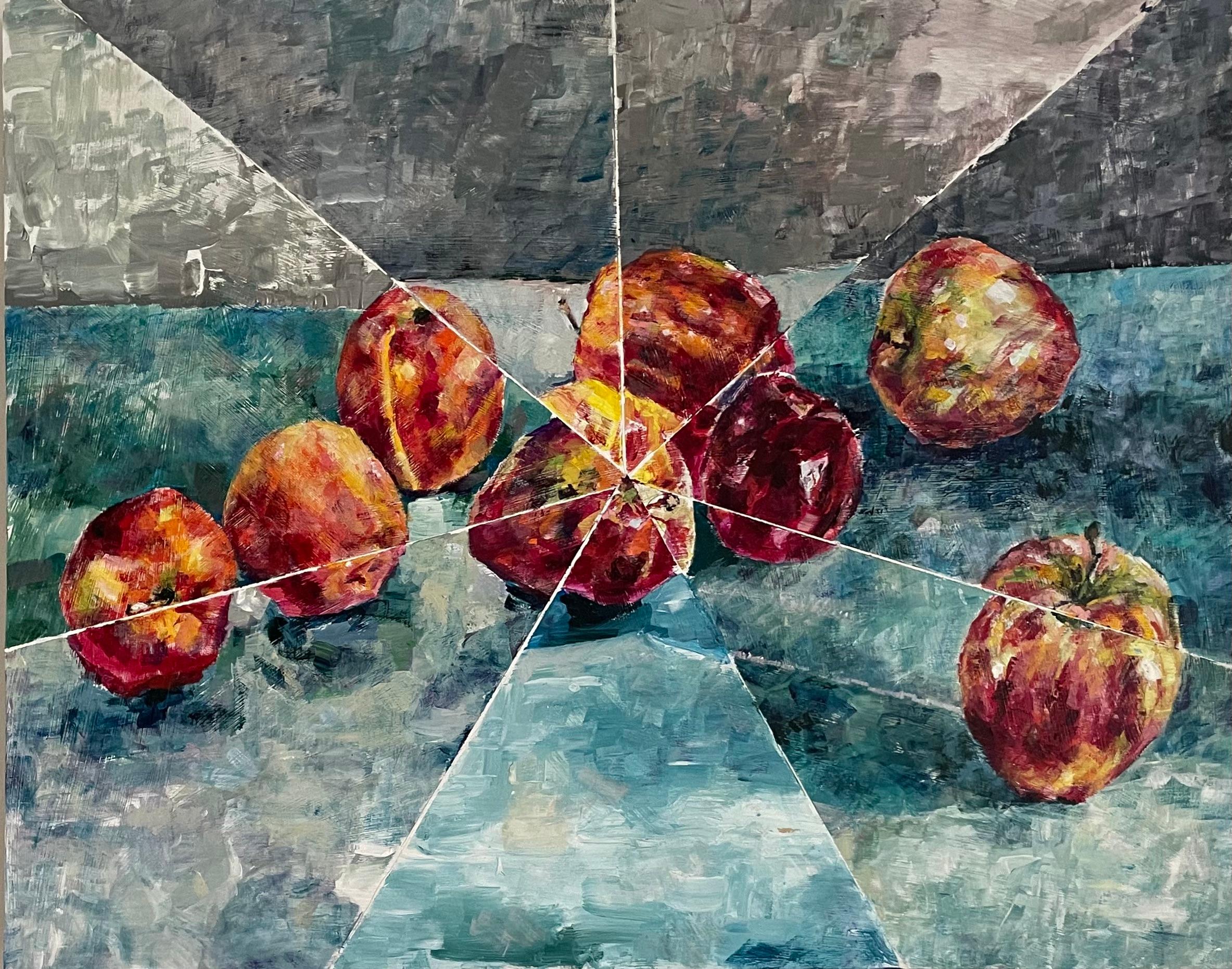 Mat Tomezsko Abstract Painting – Acht Äpfel: abstraktes Stillleben im Innenraum mit roten Äpfeln mit blauem und grauem Muster
