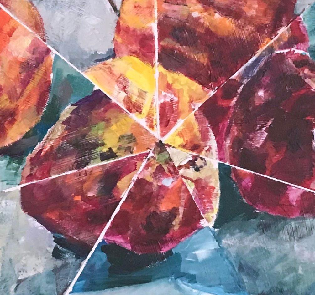Acht Äpfel: abstraktes Stillleben im Innenraum mit roten Äpfeln mit blauem und grauem Muster – Painting von Mat Tomezsko