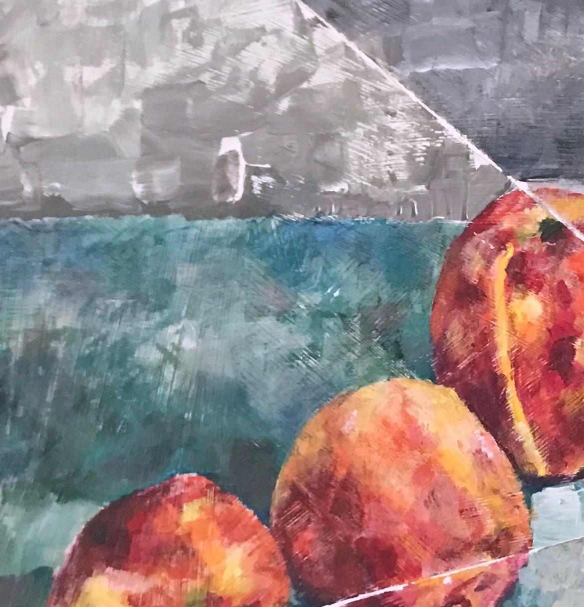 Acht Äpfel: abstraktes Stillleben im Innenraum mit roten Äpfeln mit blauem und grauem Muster (Abstrakt), Painting, von Mat Tomezsko