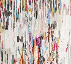 NOW - abstract mixed media Street Art painting w/ graffiti; pink, blue & silver