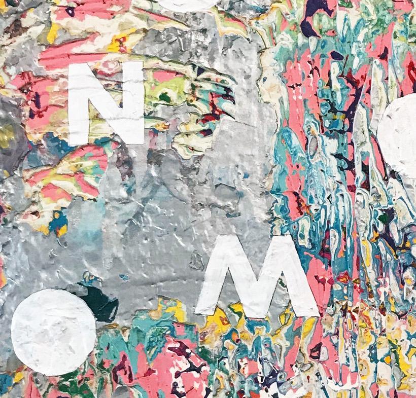 NOW III: contemporary abstract mixed media street art painting; graffiti, text - Painting by Mat Tomezsko