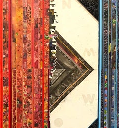 Price Cycles: pittura astratta geometrica di grandi dimensioni a tecnica mista con oggetti trovati