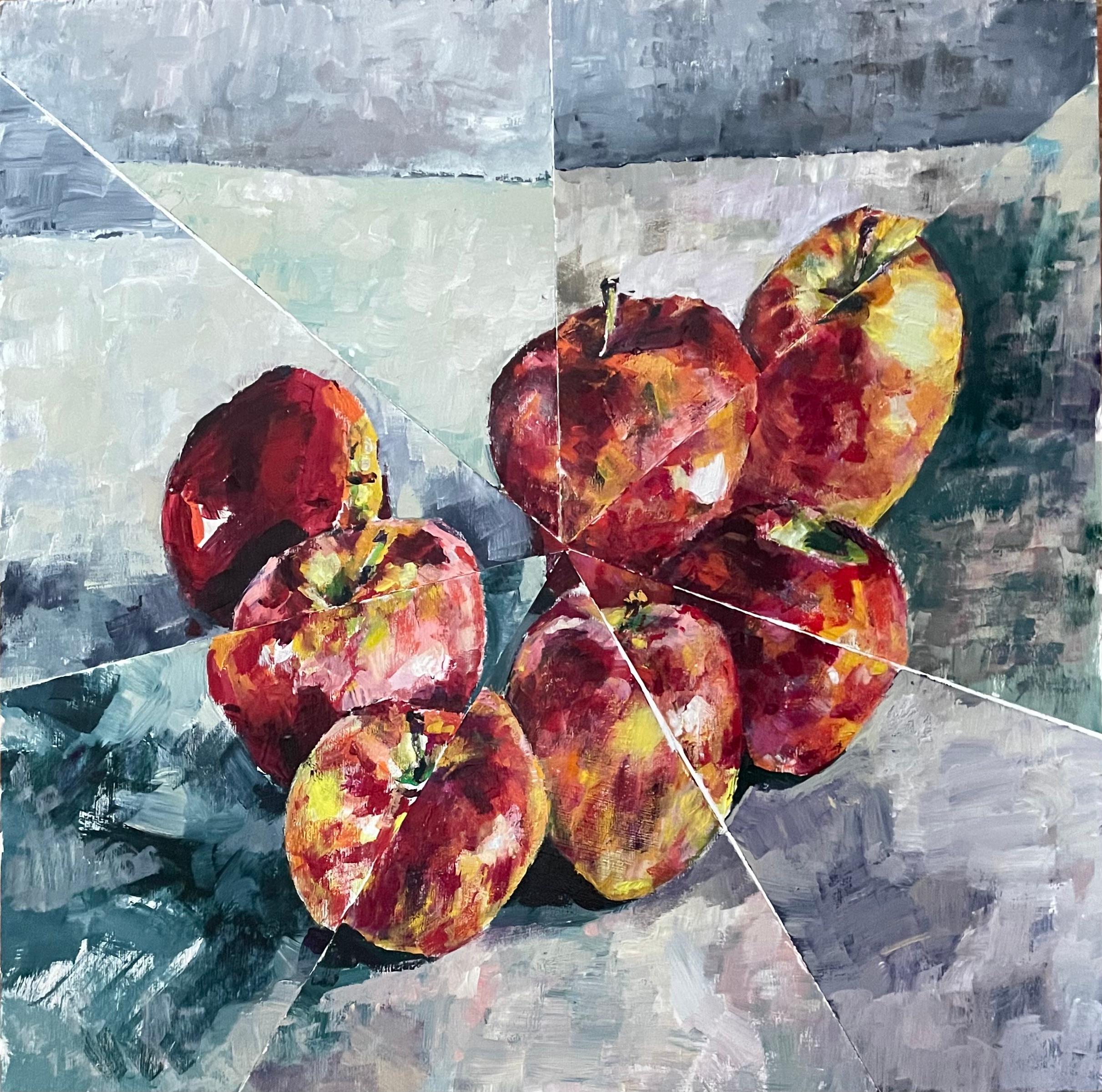 Mat Tomezsko Abstract Painting – Acht Äpfel: abstraktes Stillleben im Innenraum, rote Äpfel auf Grün und Grau