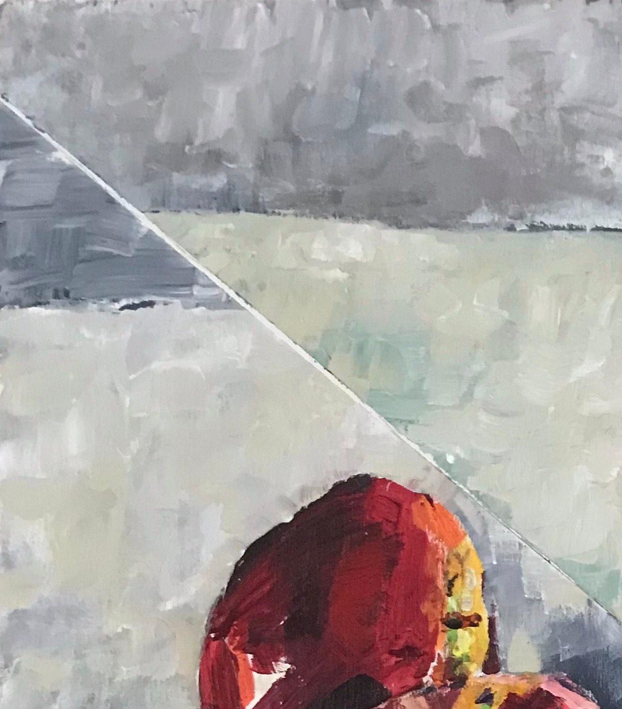 Sette mele: pittura astratta di natura morta per interni, mele rosse su verde e grigio - Abstract Painting Grigio di Mat Tomezsko