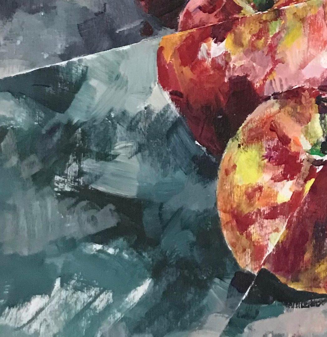 Acht Äpfel: abstraktes Stillleben im Innenraum, rote Äpfel auf Grün und Grau (Abstrakt), Painting, von Mat Tomezsko