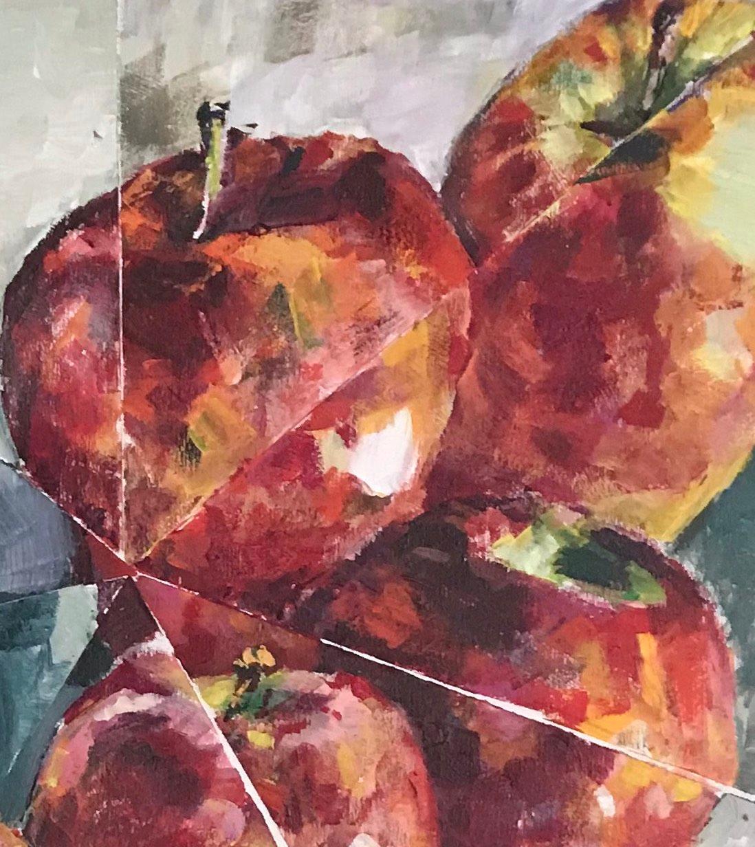 Acht Äpfel: abstraktes Stillleben im Innenraum, rote Äpfel auf Grün und Grau – Painting von Mat Tomezsko