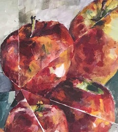 Sette mele: pittura astratta di natura morta per interni, mele rosse su verde e grigio