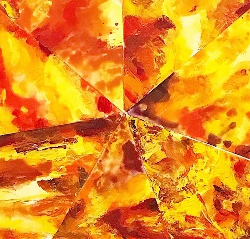 Sept feus : peinture géométrique abstraite d'un feu en jaune, rouge et orange - Painting de Mat Tomezsko