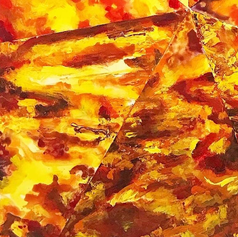 Sept feus : peinture géométrique abstraite d'un feu en jaune, rouge et orange - Abstrait Painting par Mat Tomezsko