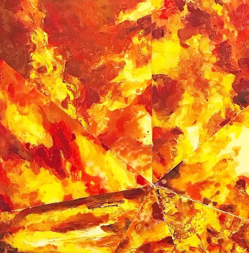 Sept feus : peinture géométrique abstraite d'un feu en jaune, rouge et orange - Orange Abstract Painting par Mat Tomezsko