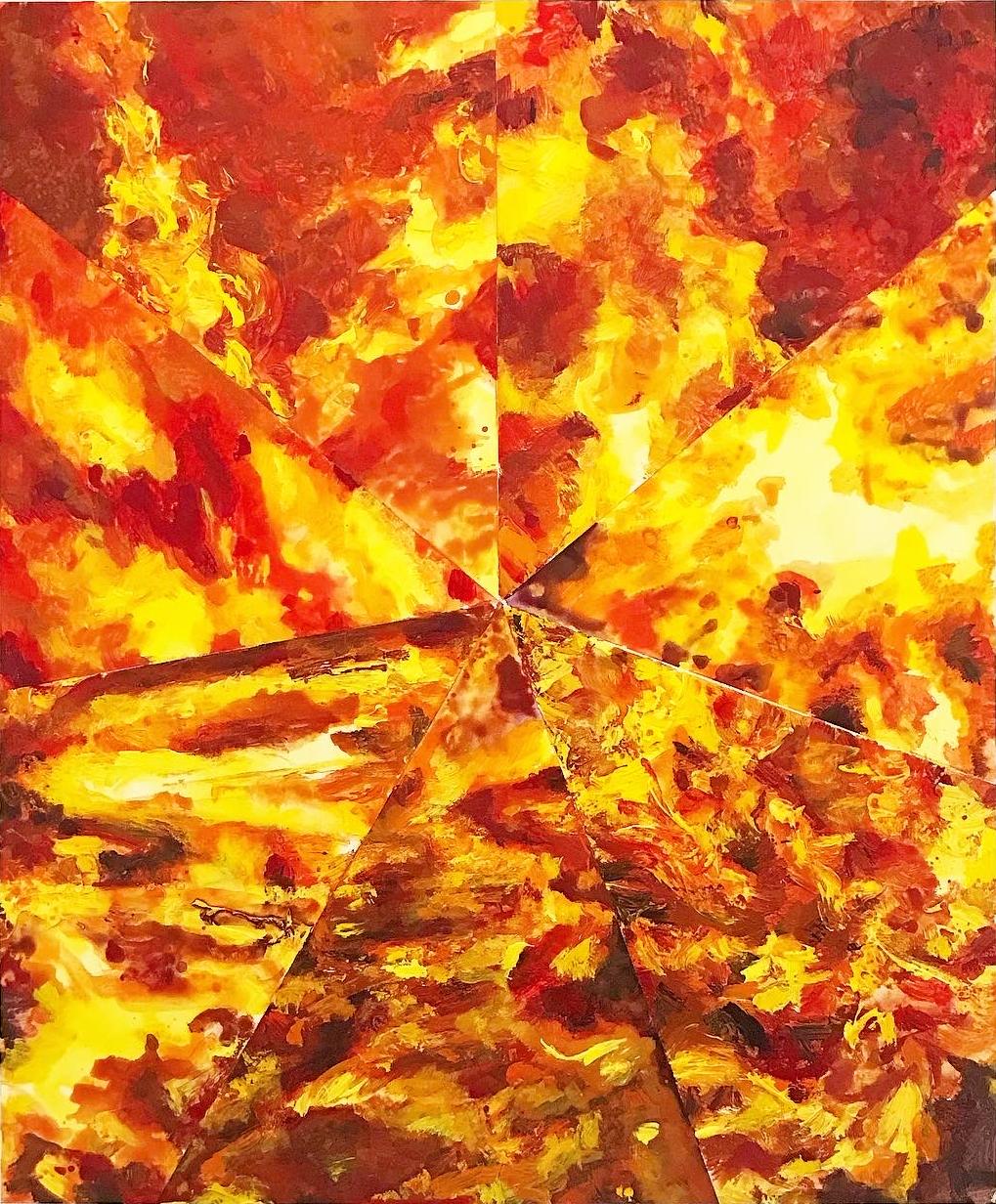 Mat Tomezsko Abstract Painting – Seven Fires: geometrisches abstraktes Gemälde eines Feuers in Gelb, Rot und Orange